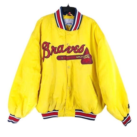 Vtg Starter Atlanta Braves Bomber Jacket Mens 2XL Yellow Satin Quilted Insulated - Picture 1 of 16